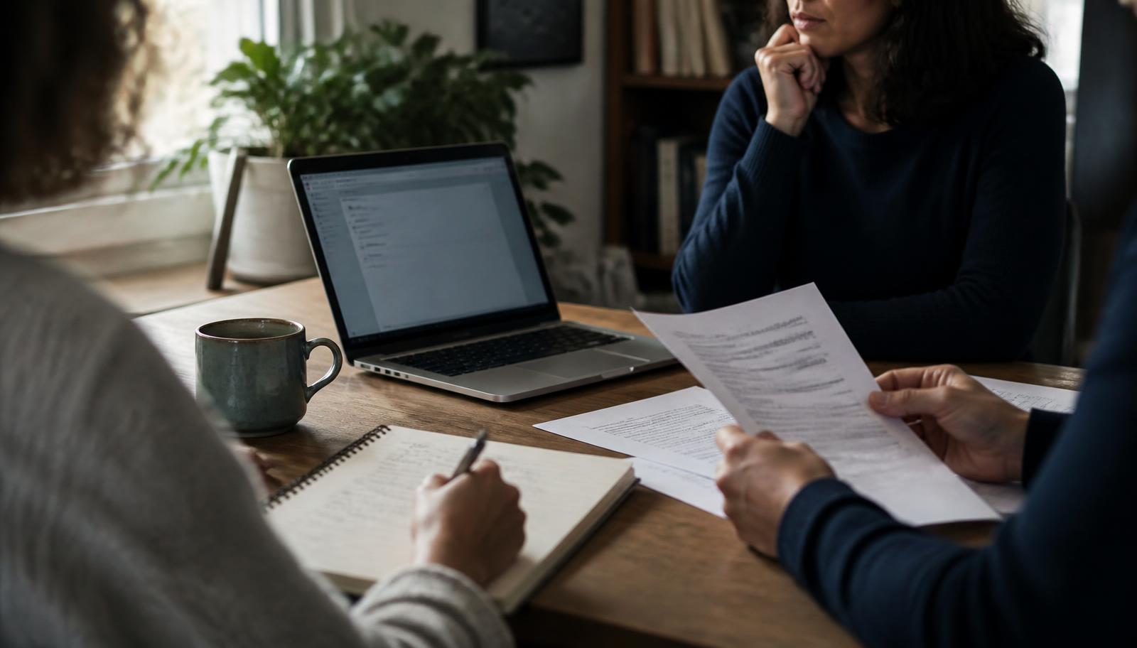 A small nonprofit team reviewing donor letters and drafts at a shared desk