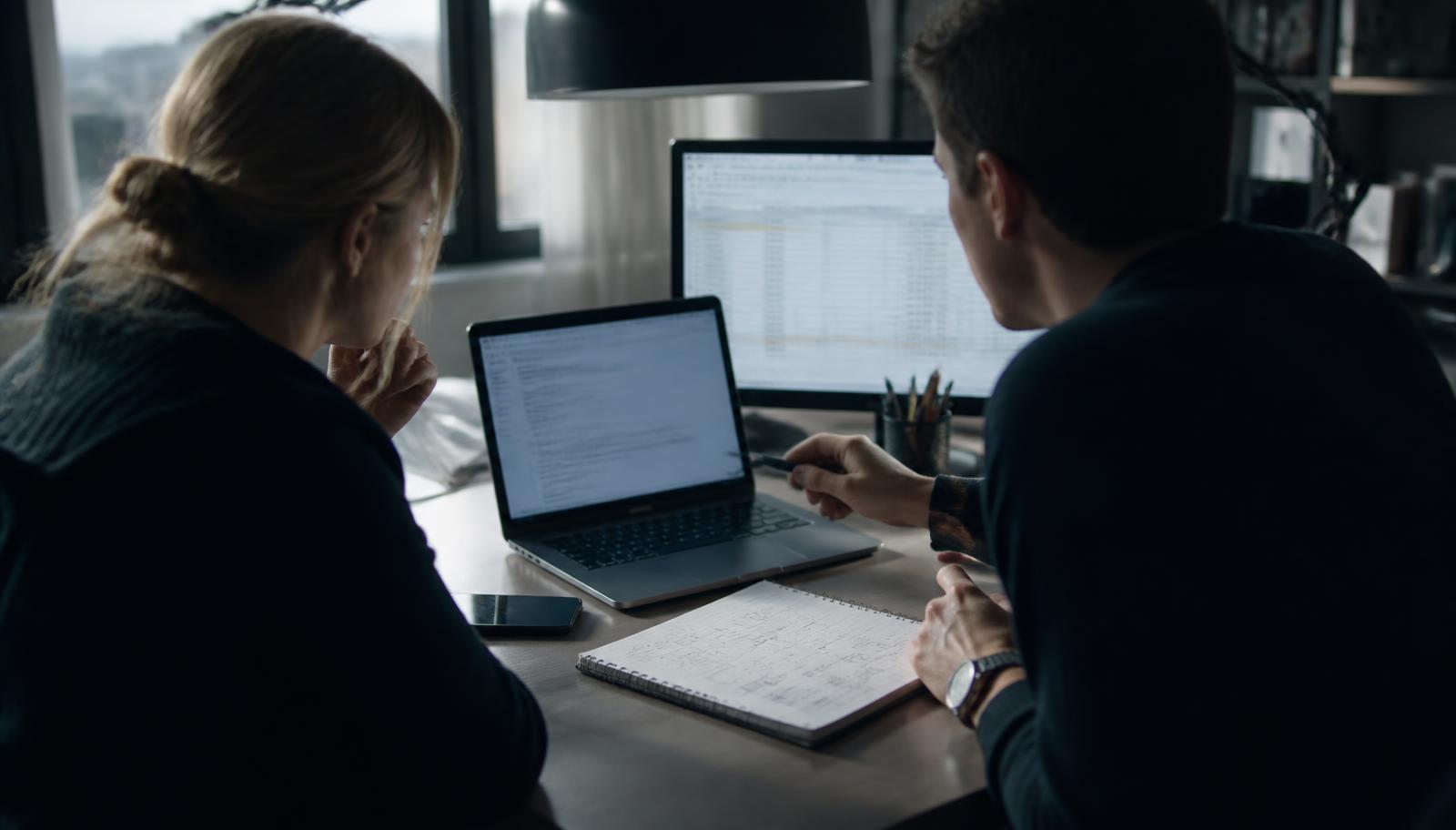Two marketing operators reviewing drafts and a spreadsheet at a shared desk