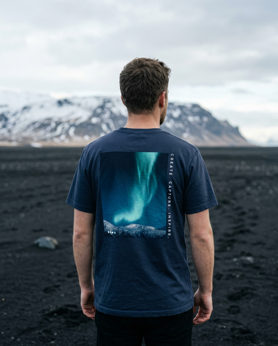 Man in Iceland wearing the For One Studios Creative Field Unit Tee with the aurora back print