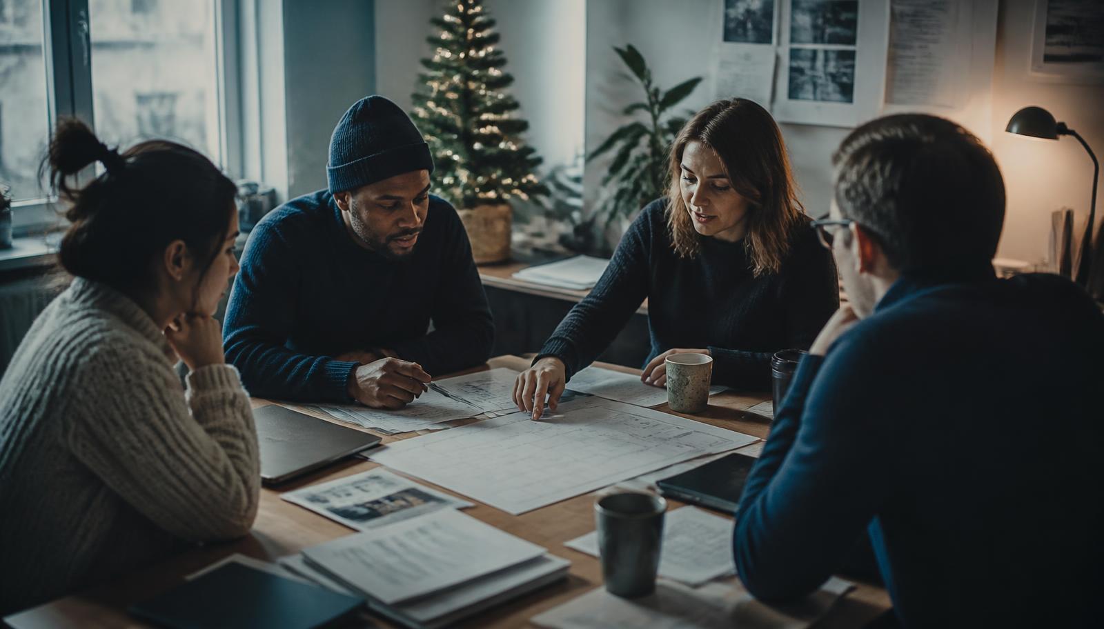 A small nonprofit team planning a December giving campaign around a table of printed letters
